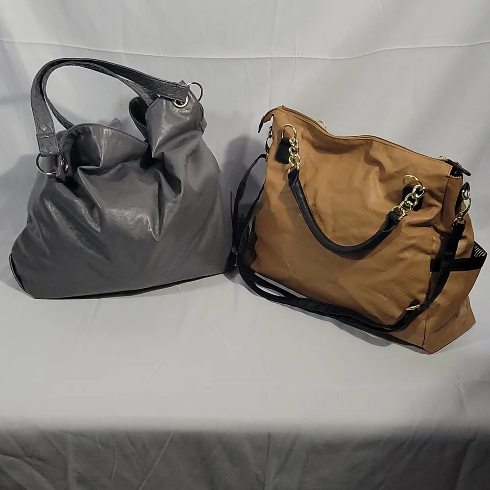 2 Large Hobo Style Bags Grey and Tan Faux Leather (Unbranded) - Picture 3 of 7